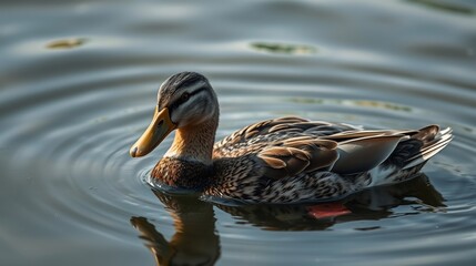 Close-Up of a Mallard Duck Swimming in Rippling Water