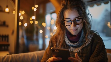 A young professional using a smartphone with a feedback survey interface displayed, featuring rating stars and a submit button, sitting in a cozy cafe environment with warm lighting and a blurred