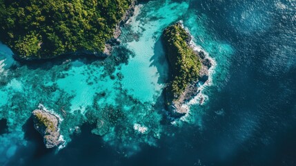 Fototapeta premium Tropical Island Aerial View Turquoise Water, Lush Coastline, Ocean Background, Travel Brochure