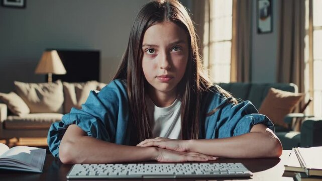 Portrait of a beautiful female teenager looking seriously at camera at home, she's bored.