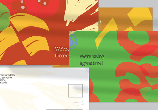 Postcard Layout with Hand Drawn Abstract Brush Strokes and Floral Elements