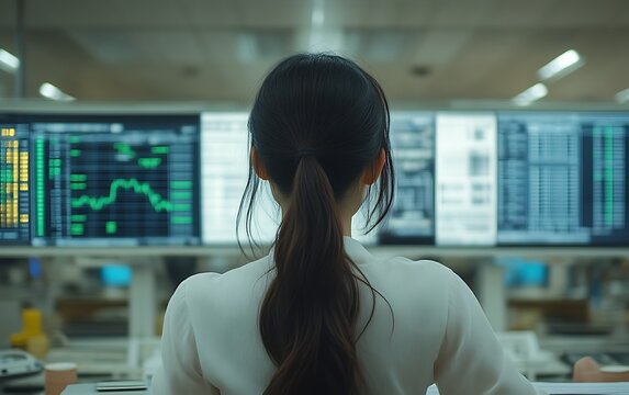 Woman reviewing data on multiple monitors.