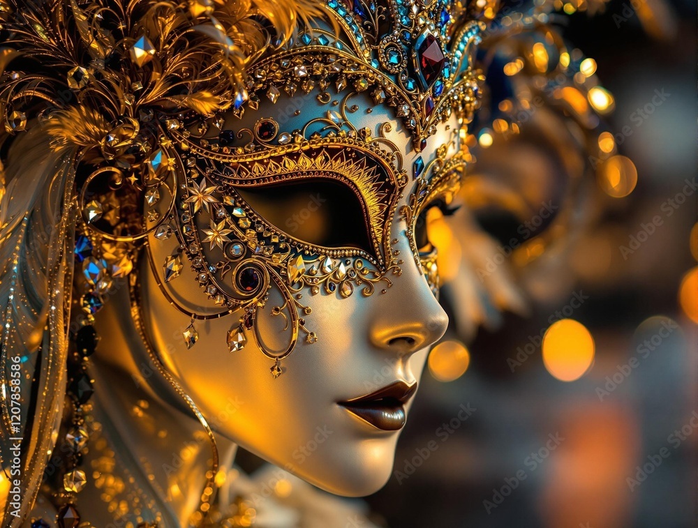 Poster Golden Ornate Mask with Intricate Details and Soft Bokeh Background