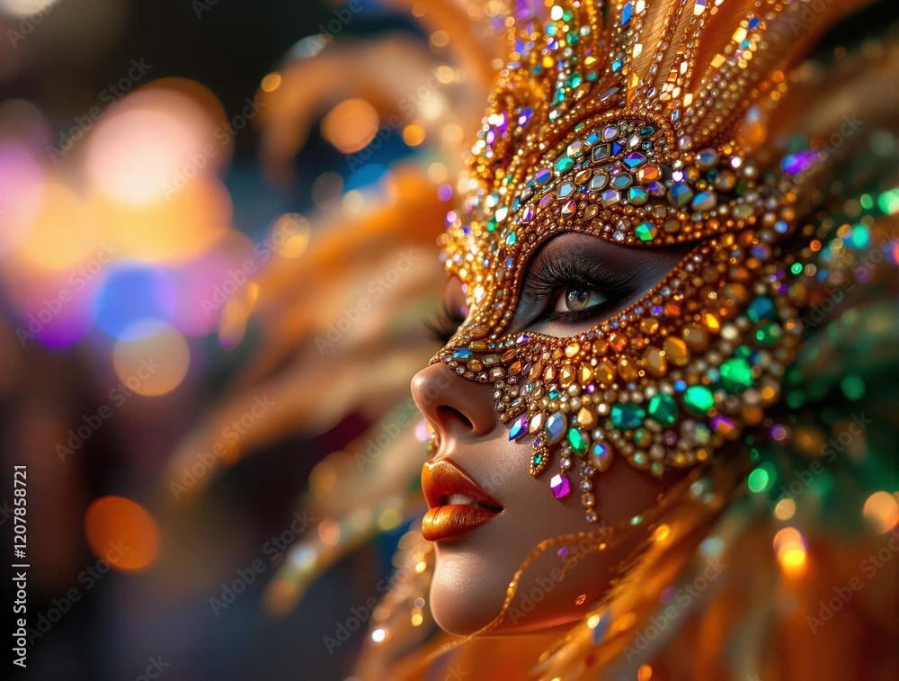 Poster a vibrant, colorful mask adorned with sequins and feathers, set against a blurred background with bokeh effects.