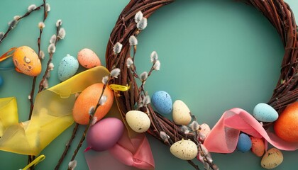 Colorful Easter wreath with decorative eggs and spring branches against a turquoise background