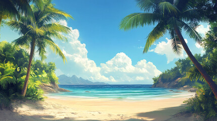Obraz premium A serene tropical beach scene with clear blue skies, palm trees, white sand and turquoise water, evoking a sense of tranquility and natural beauty.