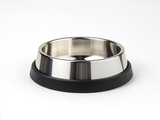 stainless steel dog bowl with a black rubber base, isolated on a white background
