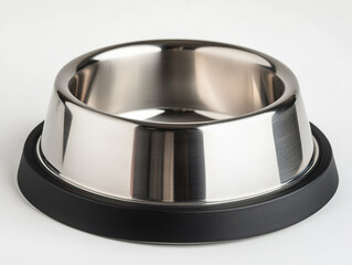 stainless steel dog bowl with a black rubber base, isolated on a white background