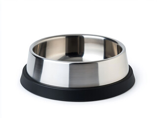stainless steel dog bowl with a black rubber base, isolated on a white background