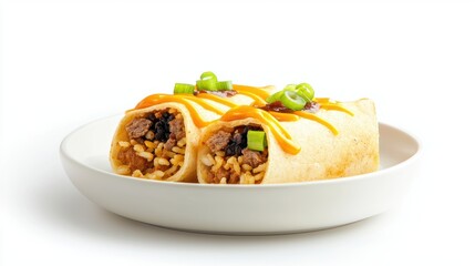 Delicious burritos with toppings on a white plate.