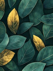 Teal and gold leaves background.