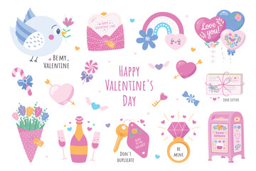 Fototapeta premium set of Valentines Day stickers love letters keys heart rainbow champagne ring bird on a whit