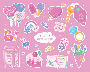 Valentine's Day Stickers love letters keys heart rainbow bouquet of tulips on a pink background