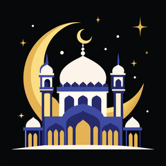 A stylized illustration of a mosque at night, framed by a crescent moon.