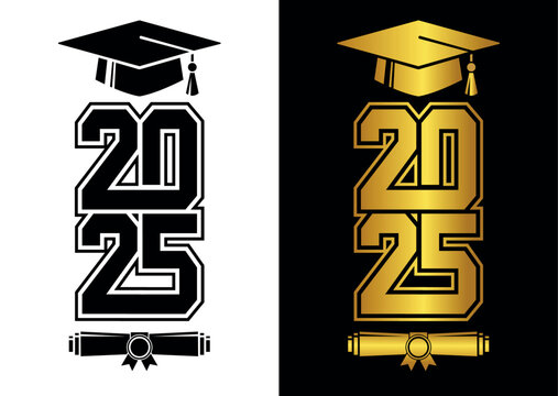 Graduating class of 2025 for greeting, invitation card. Text for graduation design, congratulation event, T-shirt, party, high school or college graduate. Illustration, vector on transparent and black