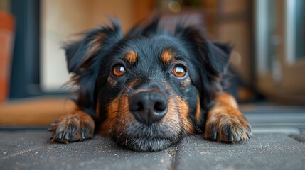 A close-up of a dog resting its head on the ground, showcasing its expressive eyes.