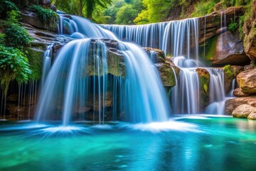 Obraz premium Aquatic slime flows and moves in a slow stream down a rock face creating a shimmering aqua waterfall, mossy rocks, rock formations, water flowing