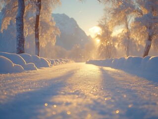 Sunlit snowy path through winter trees.