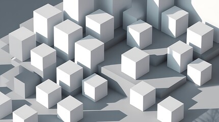 Minimalist geometric digital design with staggered white 3D cubes on a light gray background. Monochromatic color scheme, subtle shadows, clean, and modern style.