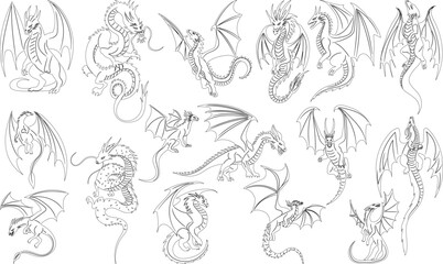 dragons in different poses set, collection, outline sketch