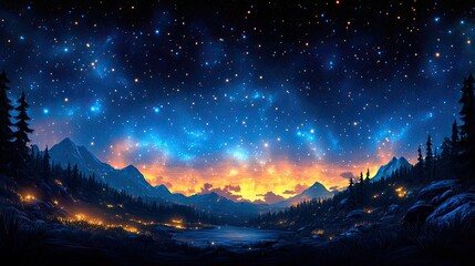 Starry night sky over a tranquil lake surrounded by mountains and forests at sunset