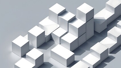 Minimalist geometric digital design with staggered white 3D cubes on a light gray background. Monochromatic color scheme, subtle shadows, clean, and modern style.