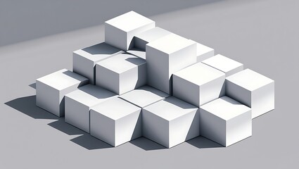 Obraz premium Minimalist geometric digital design with staggered white 3D cubes on a light gray background. Monochromatic color scheme, subtle shadows, clean, and modern style.