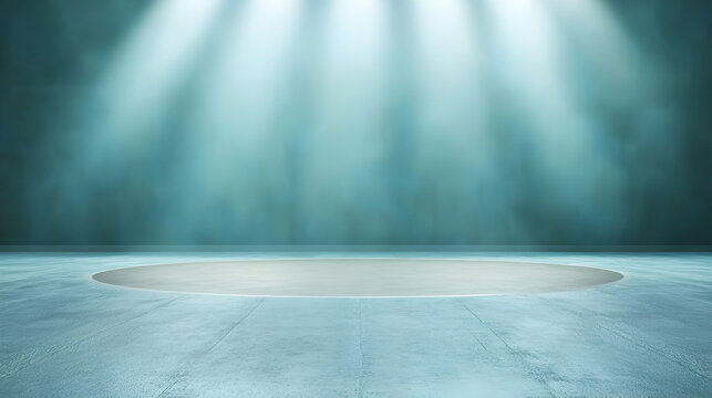 An empty boxing ring in a gym under a spotlight