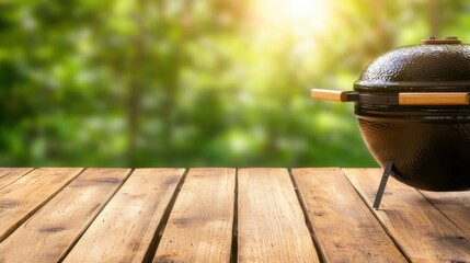 Grill on wooden table with blurred nature background