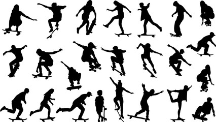 people skateboarding set in different poses silhouette vector