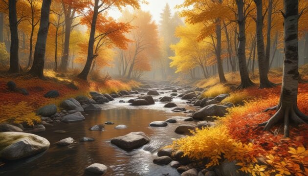 autumnal forest scene with vibrant orange and yellow leaves and a babbling brook flowing through the trees, landscape, fall