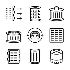 Different car filters icons set. Linear image of oil, gasoline and air filter for cleaning fuel, air and oil. Car service line icons collection