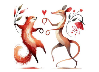 Childlike Valentine's day card in watercolor style. Dancing couple in love, cute dancing animals in love, flowers and hearts