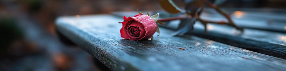 Red Rose on Wooden Bench