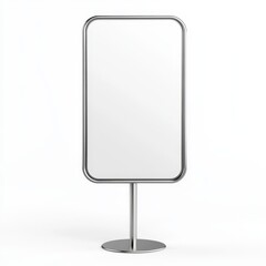 Blank vertical metal signboard on stand, isolated on white.