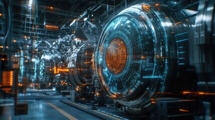 Powerful industrial generators emitting energy beams illuminate a futuristic factory setting, showcasing advanced technology and innovation in a sci fi environment