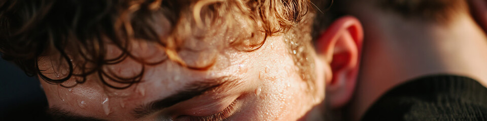 Fototapeta premium Close-up of a Sweaty Face with Curly Hair