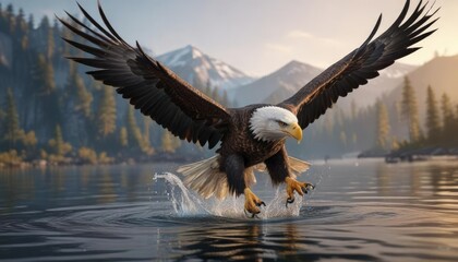 Bald eagle swooping down to grab fish from water , motion, agile, ocean
