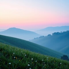 Fototapeta premium Misty morning with a gradient of light blue and pink mist over rolling hills, peaceful, gradient, soft