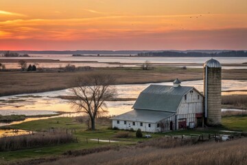 Obraz premium Barn and silo on a farm overlooking the Horicon Marsh Wildlife Area during sunset, horicon marsh, rural buildings, farm buildings, rural scene
