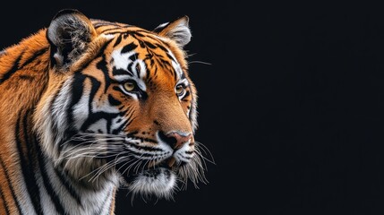 Fototapeta premium Majestic Tiger Close-Up Portrait with Striking Orange and Black Stripes on a Black Background