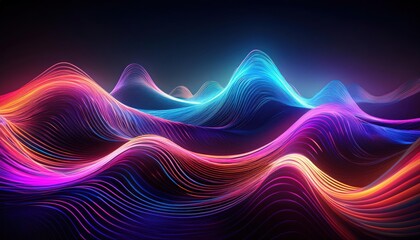 Colorful abstract wave pattern with neon lights in a digital landscape.

