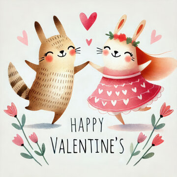 Childlike Valentine's day card in watercolor style. Dancing couple in love, cute dancing animals in love, flowers and hearts