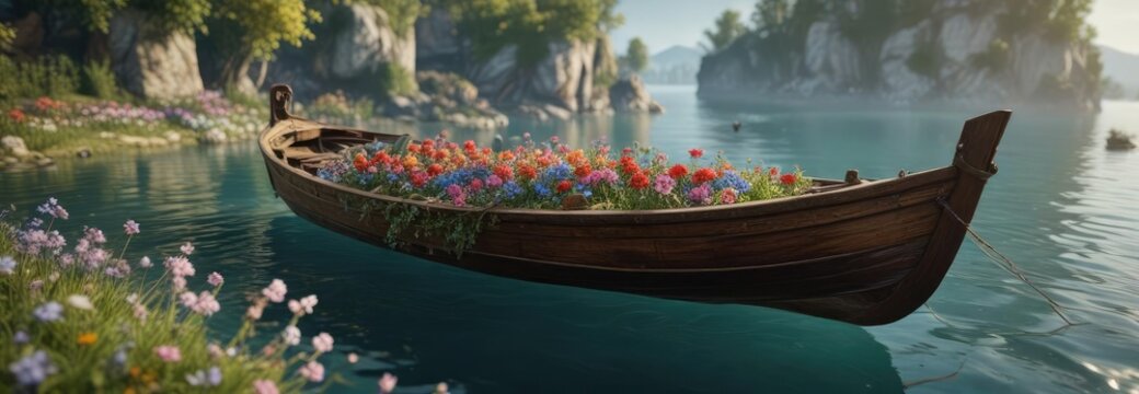 Bateau en bois avec des fleurs qui pousse autour de lui, boats in freshwater lake, , floating wooden boat with flowers around it