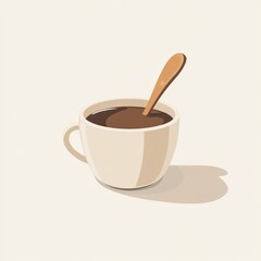 Mug of dark liquid with spoon on a light surface. For use in articles, food blogs and design