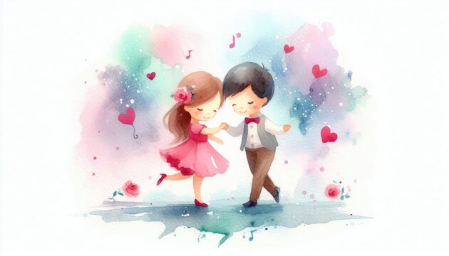 Childlike Valentine's day card in watercolor style. Dancing couple in love, cute dancing animals in love, flowers and hearts