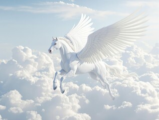 Beautiful white winged horse flying gracefully against a backdrop of fluffy clouds, clouds, pegasus, graceful, majestic