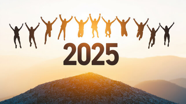 New challenges in the business concept, Jumping silhouettes celebrating 2025 on mountain peak
