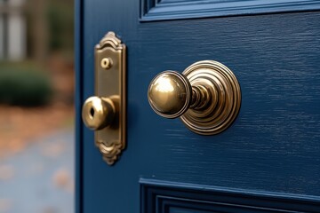 Fototapeta premium Elegant antique door handle on classic blue wooden door