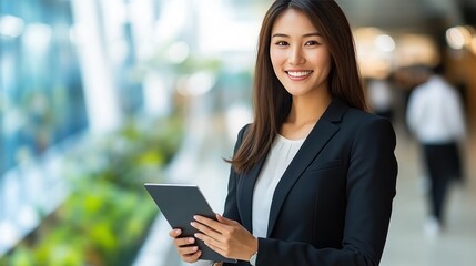 Confident Businesswoman Using Tablet in Modern Office Setting